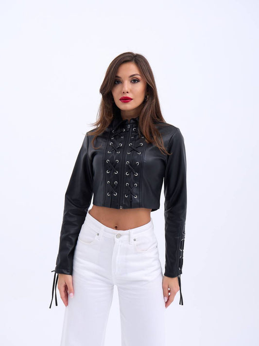 Leather Lace-Up Cropped Jacket