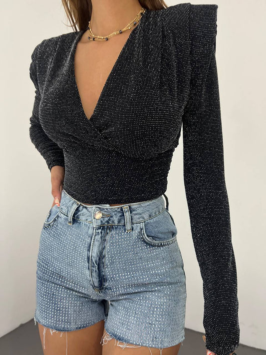 Glitter V-Neck Long Sleeve Top