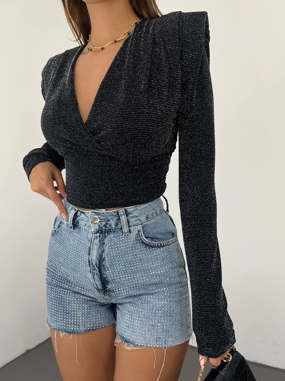 Glitter V-Neck Long Sleeve Top