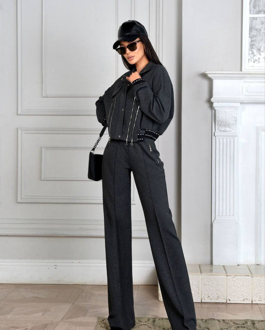 Cropped Jacket & High-Waisted Wide-Leg Trousers Suit