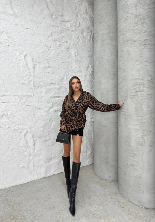 Leopard Print Wrap-Style Blouse