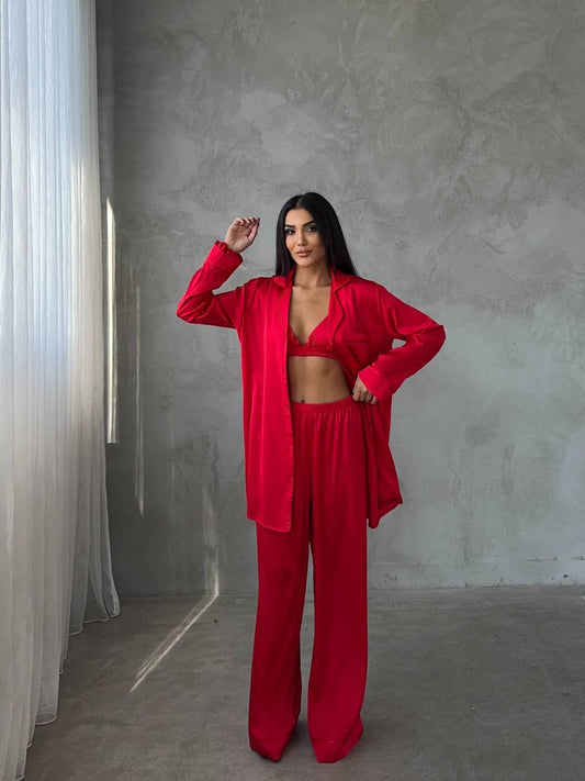 Kırmızı Saten Pijama Takımı
