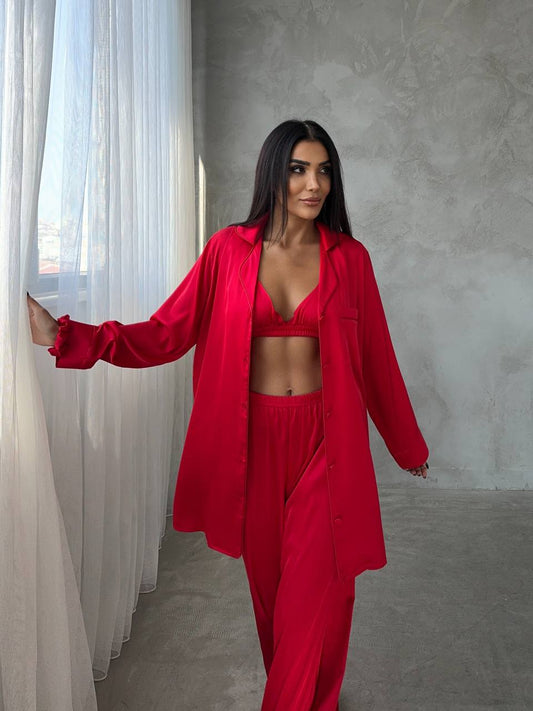 Kırmızı Saten Pijama Takımı 2