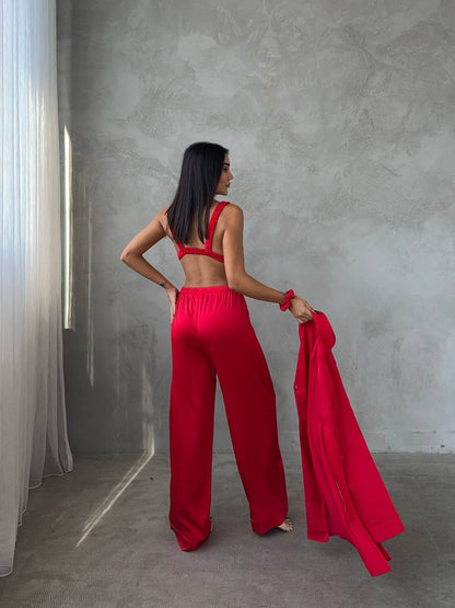 Kırmızı Saten Pijama Takımı 4