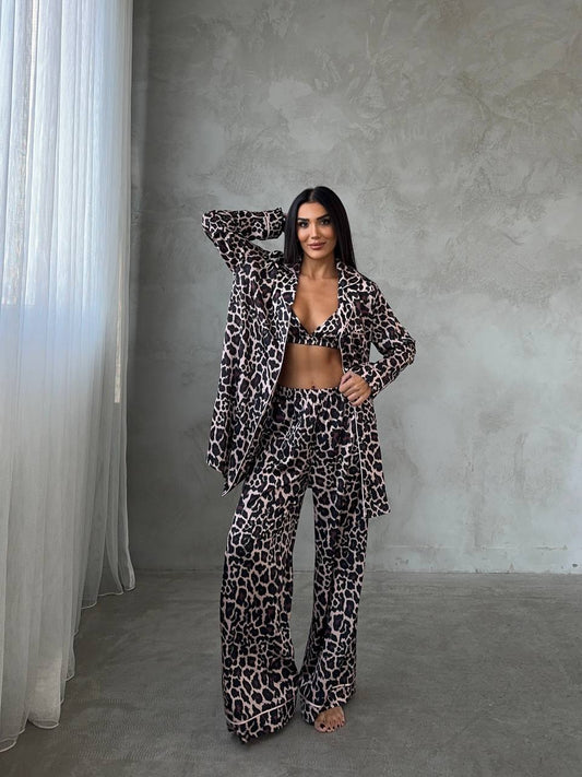 Leopar Saten Pijama Takımı 5