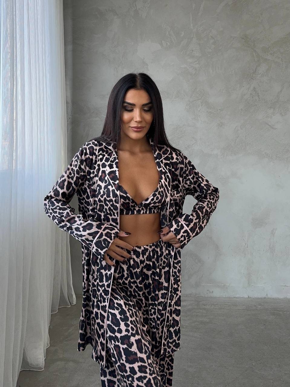 Leopar Saten Pijama Takımı 6