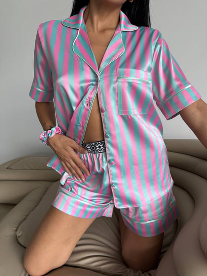 Mavi & Pembe Çizgili Saten Pijama Takımı 3