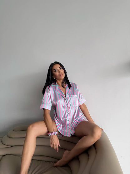 Mavi & Pembe Çizgili Saten Pijama Takımı 4