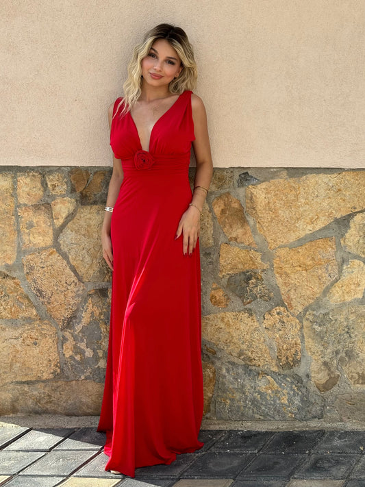 Deep V-Neck Red Evening Gown