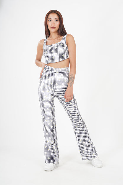 Chic Checkered Crop Top & Flared Pants Suit