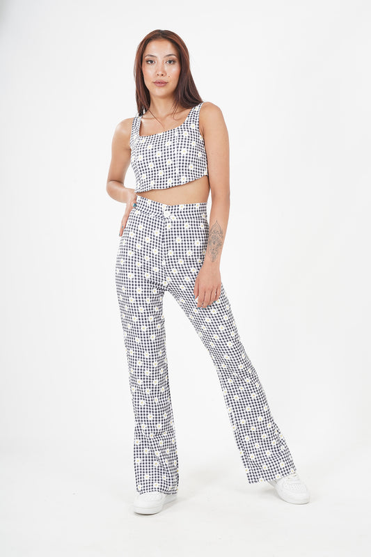 Chic Checkered Crop Top & Flared Pants Suit