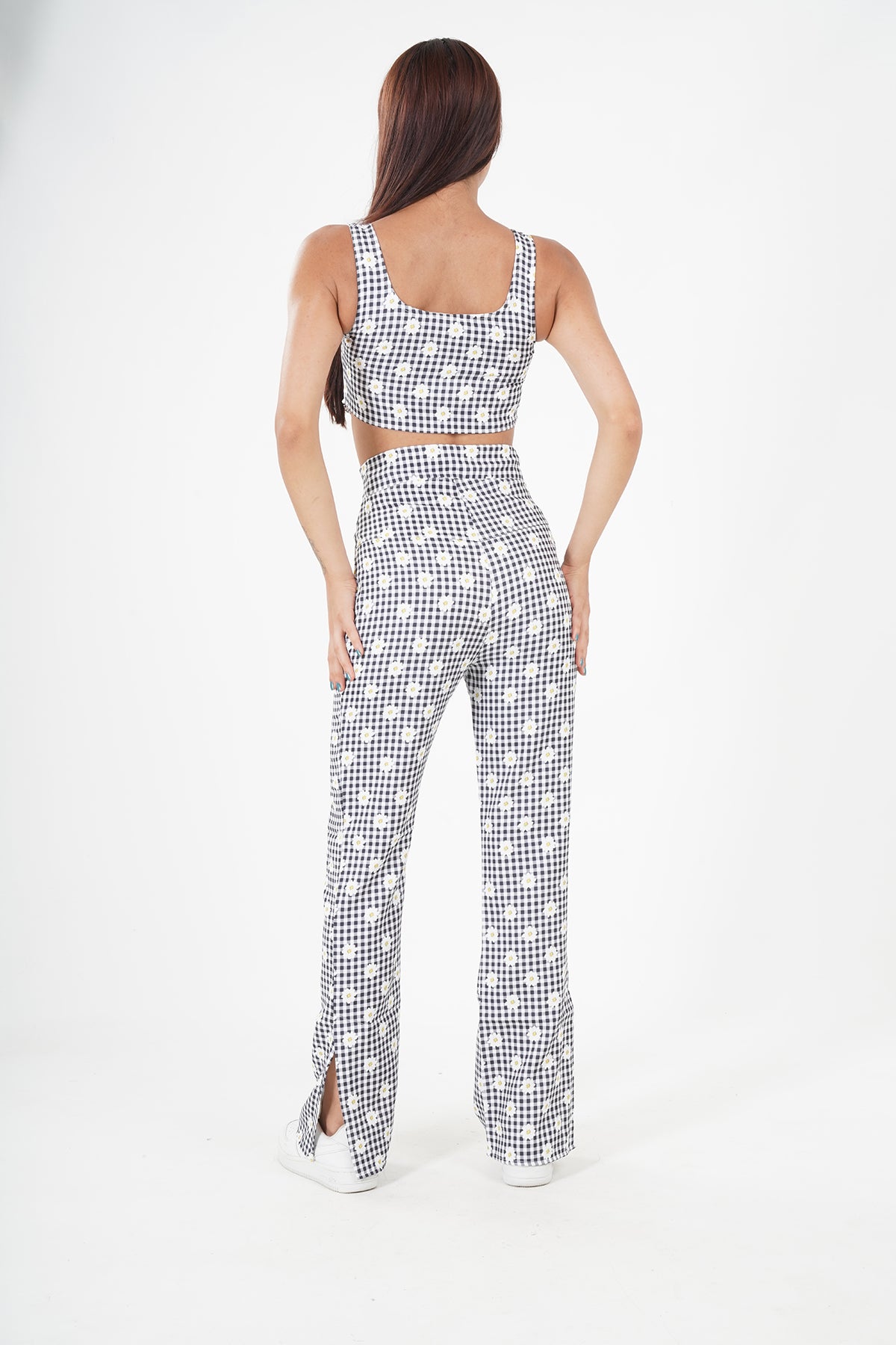 Chic Checkered Crop Top & Flared Pants Suit