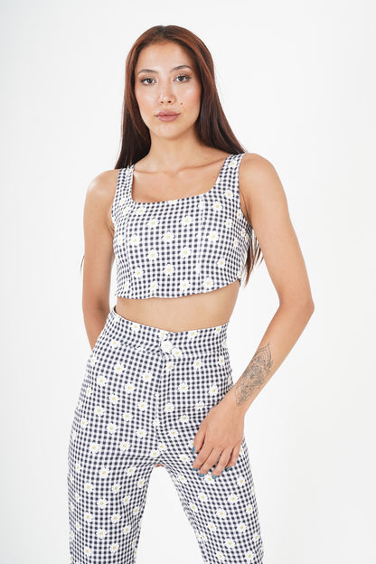 Chic Checkered Crop Top & Flared Pants Suit