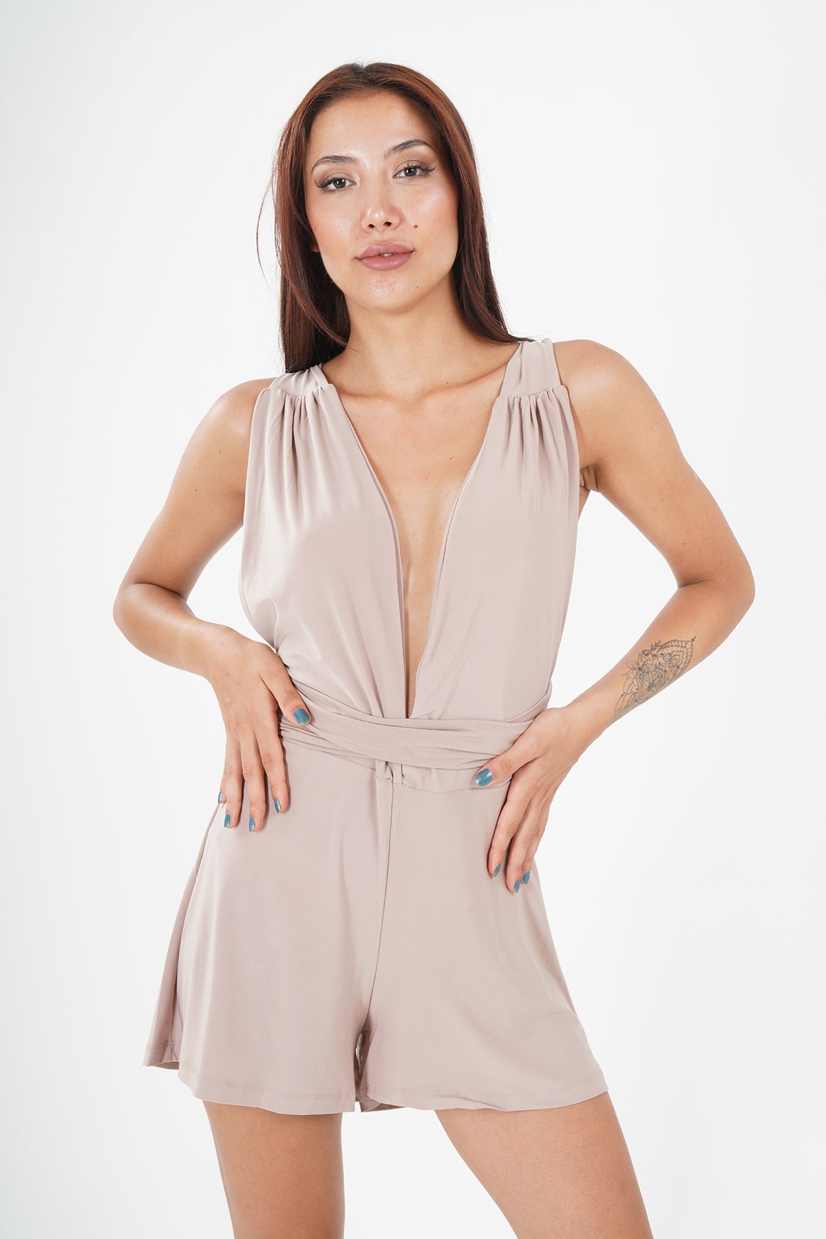 Chic Taupe Sleeveless V-Neck Jumpsuit with Waist Tie