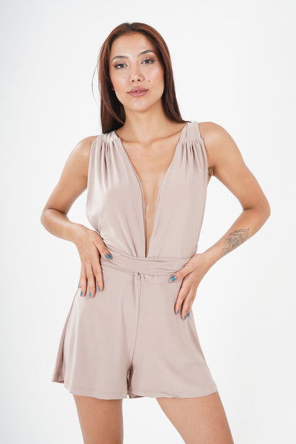 Chic Taupe Sleeveless V-Neck Jumpsuit with Waist Tie