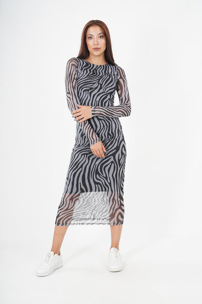 Chic Zebra Print Midi Dress - Monochrome Elegance