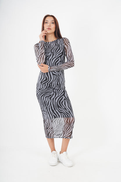 Chic Zebra Print Midi Dress - Monochrome Elegance