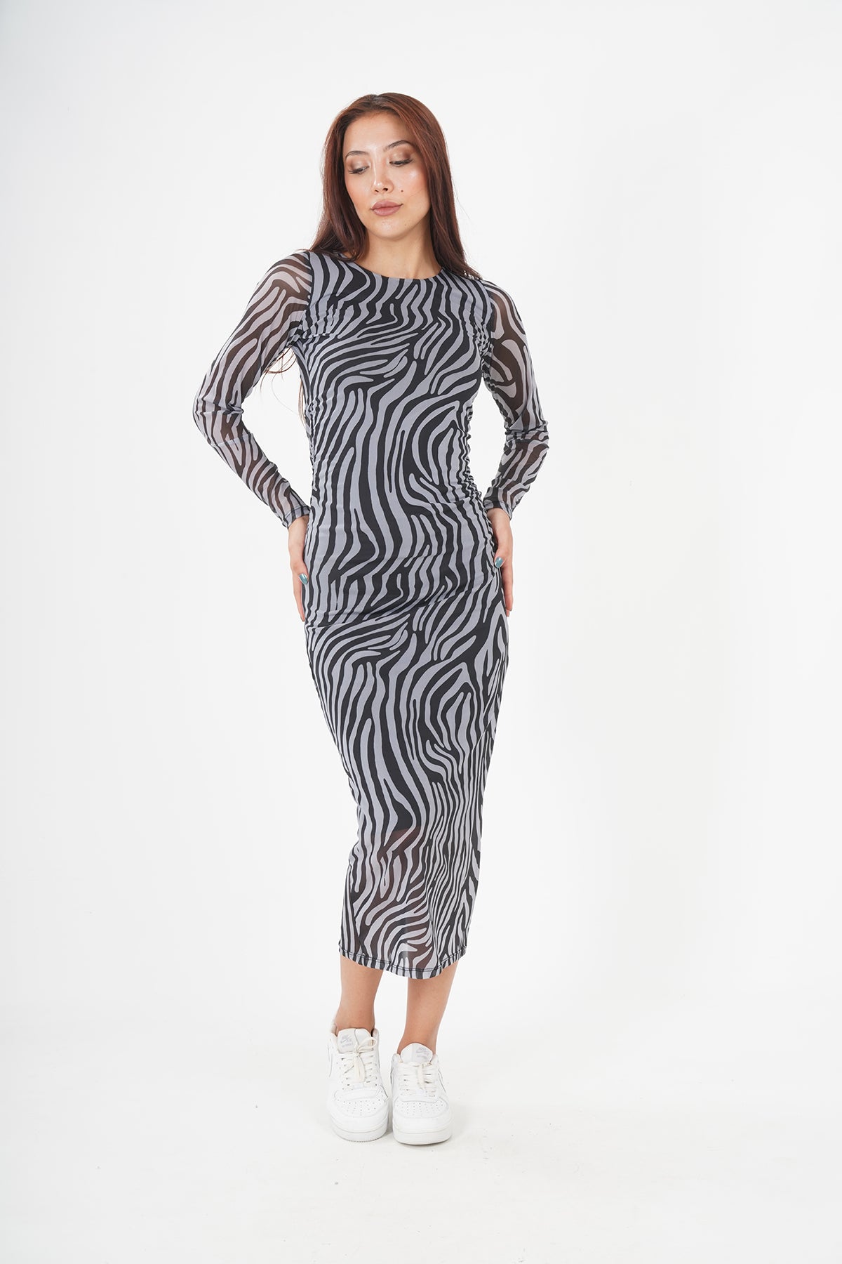 Chic Zebra Print Midi Dress - Monochrome Elegance