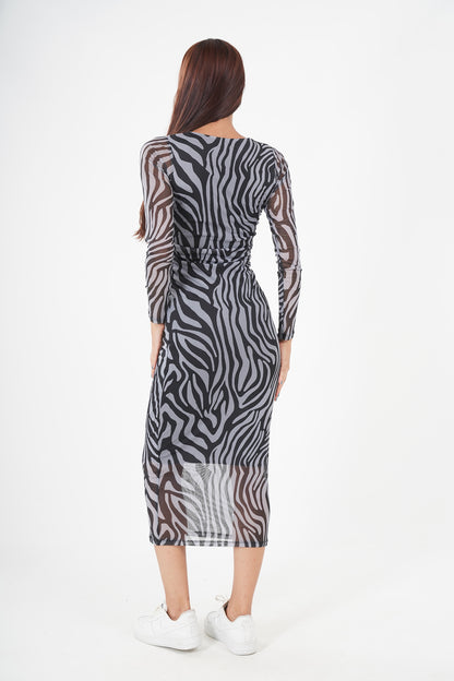 Chic Zebra Print Midi Dress - Monochrome Elegance