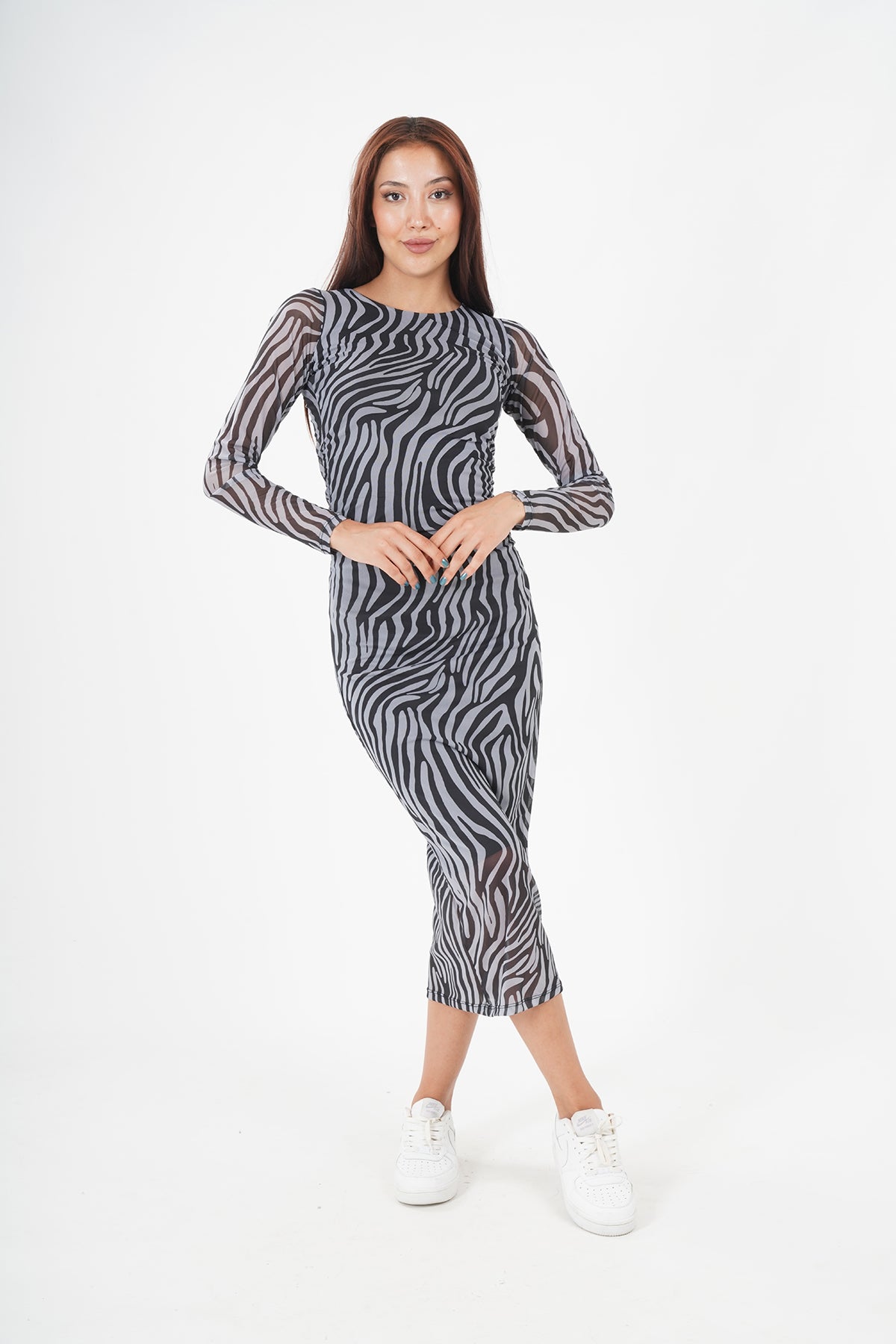 Chic Zebra Print Midi Dress - Monochrome Elegance