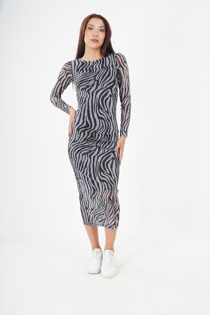 Chic Zebra Print Midi Dress - Monochrome Elegance