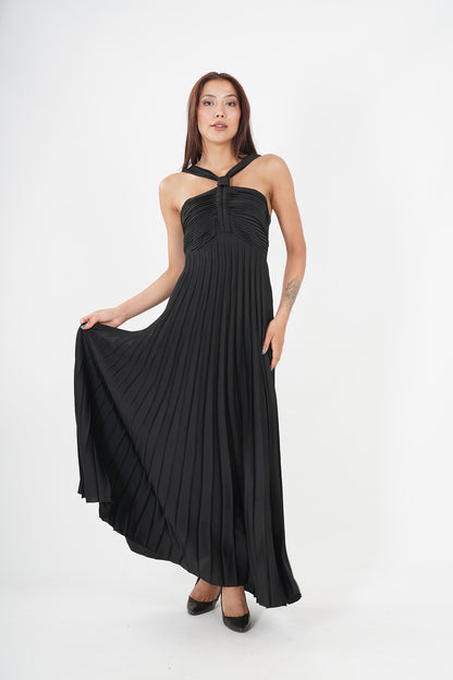 Elegant Black Pleated Maxi Dress - Sleeveless & Cinched Waist