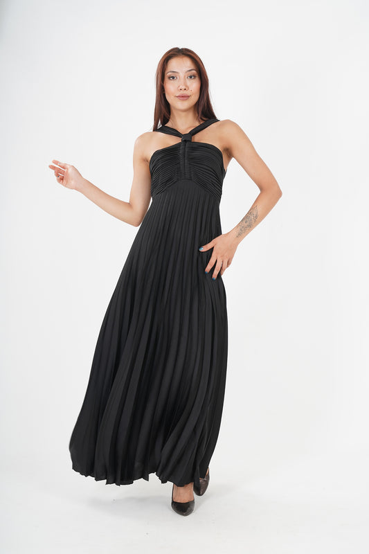 Elegant Black Pleated Maxi Dress - Sleeveless & Cinched Waist