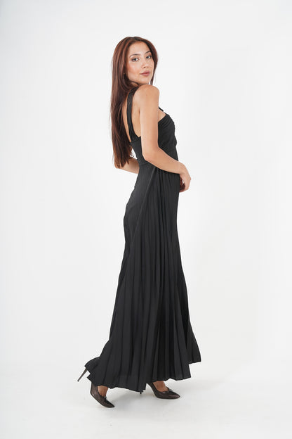 Elegant Black Pleated Maxi Dress - Sleeveless & Cinched Waist