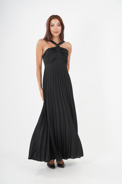 Elegant Black Pleated Maxi Dress - Sleeveless & Cinched Waist