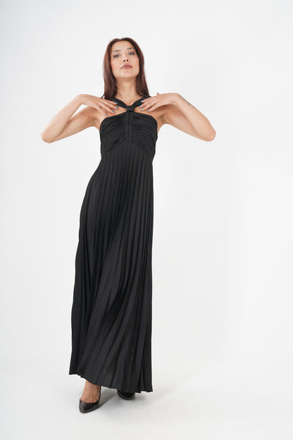 Elegant Black Pleated Maxi Dress - Sleeveless & Cinched Waist