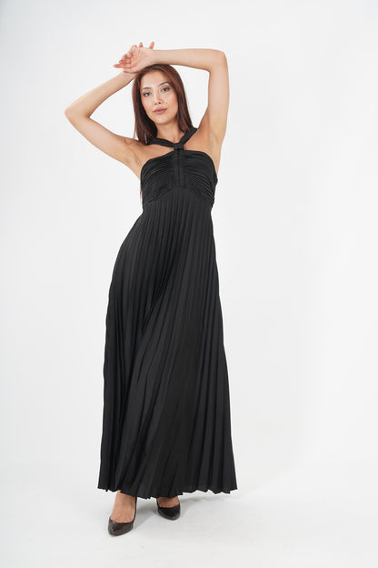 Elegant Black Pleated Maxi Dress - Sleeveless & Cinched Waist