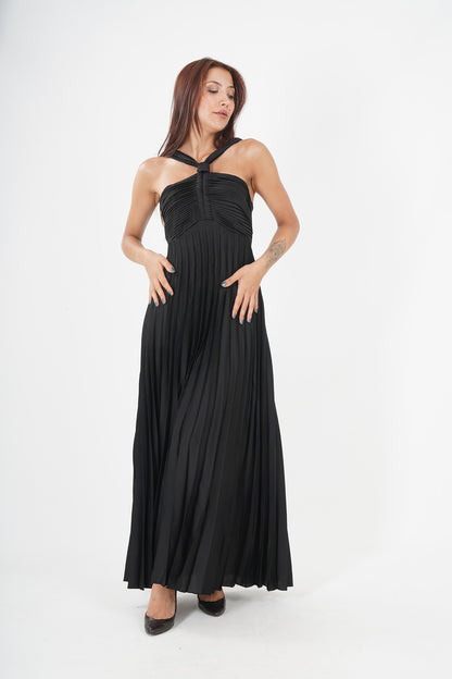 Elegant Black Pleated Maxi Dress - Sleeveless & Cinched Waist