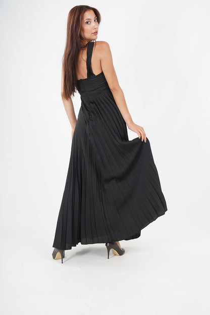 Elegant Black Pleated Maxi Dress - Sleeveless & Cinched Waist