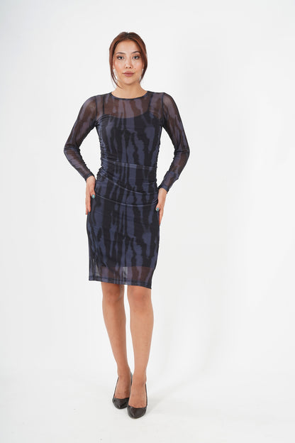 Elegant Sheer-Sleeved Camouflage Patterned Knee-Length Dress