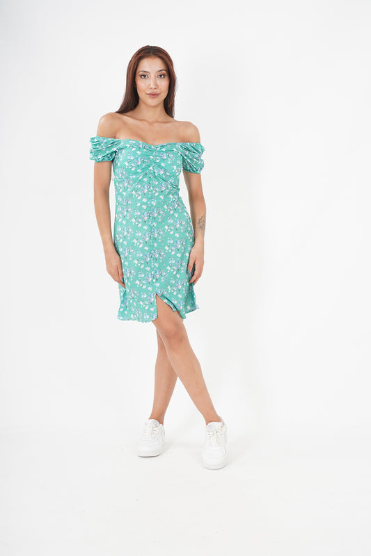 Floral Off-Shoulder Ruched Sleeve High-Low Dress