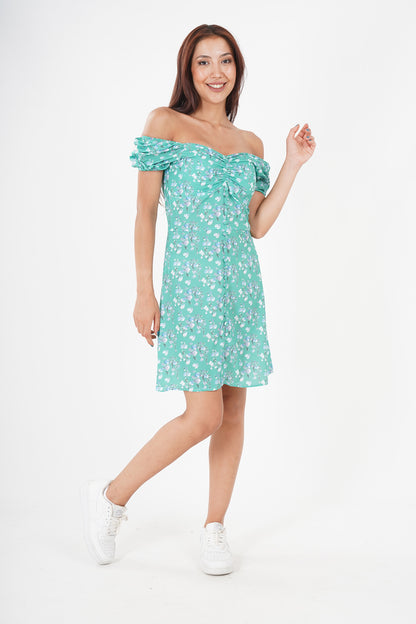 Floral Off-Shoulder Ruched Sleeve High-Low Dress