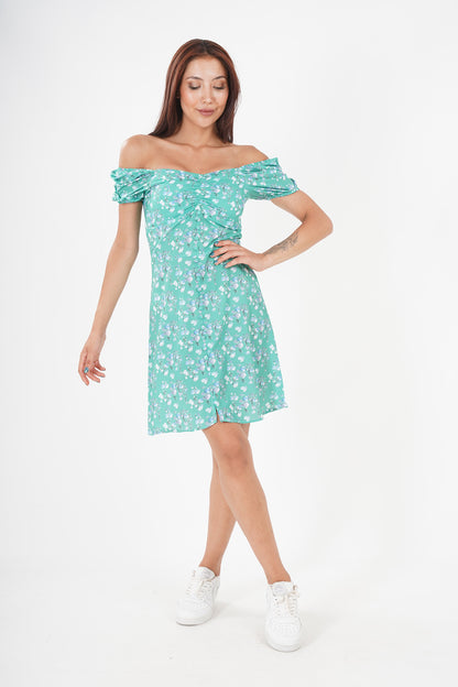 Floral Off-Shoulder Ruched Sleeve High-Low Dress