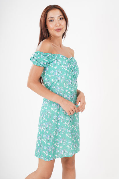 Floral Off-Shoulder Ruched Sleeve High-Low Dress