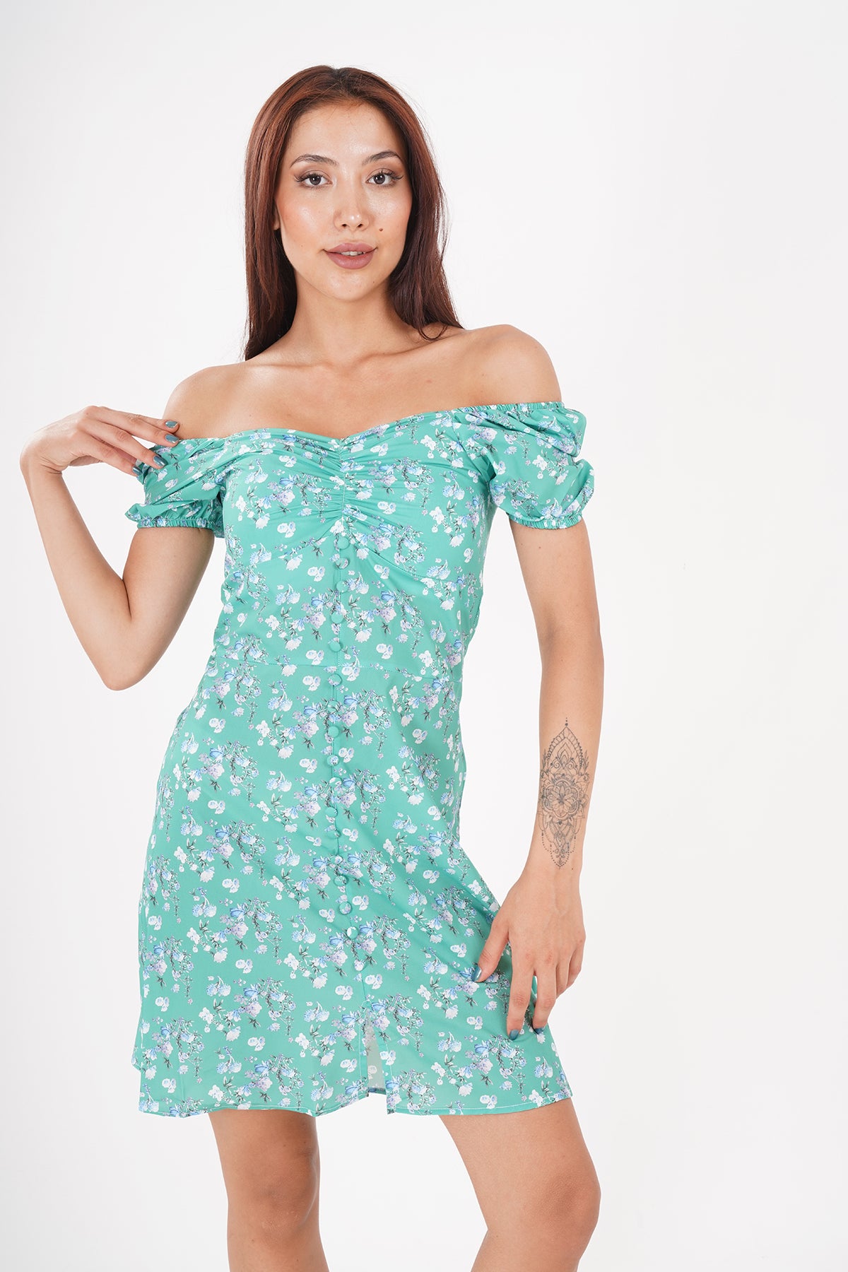 Floral Off-Shoulder Ruched Sleeve High-Low Dress