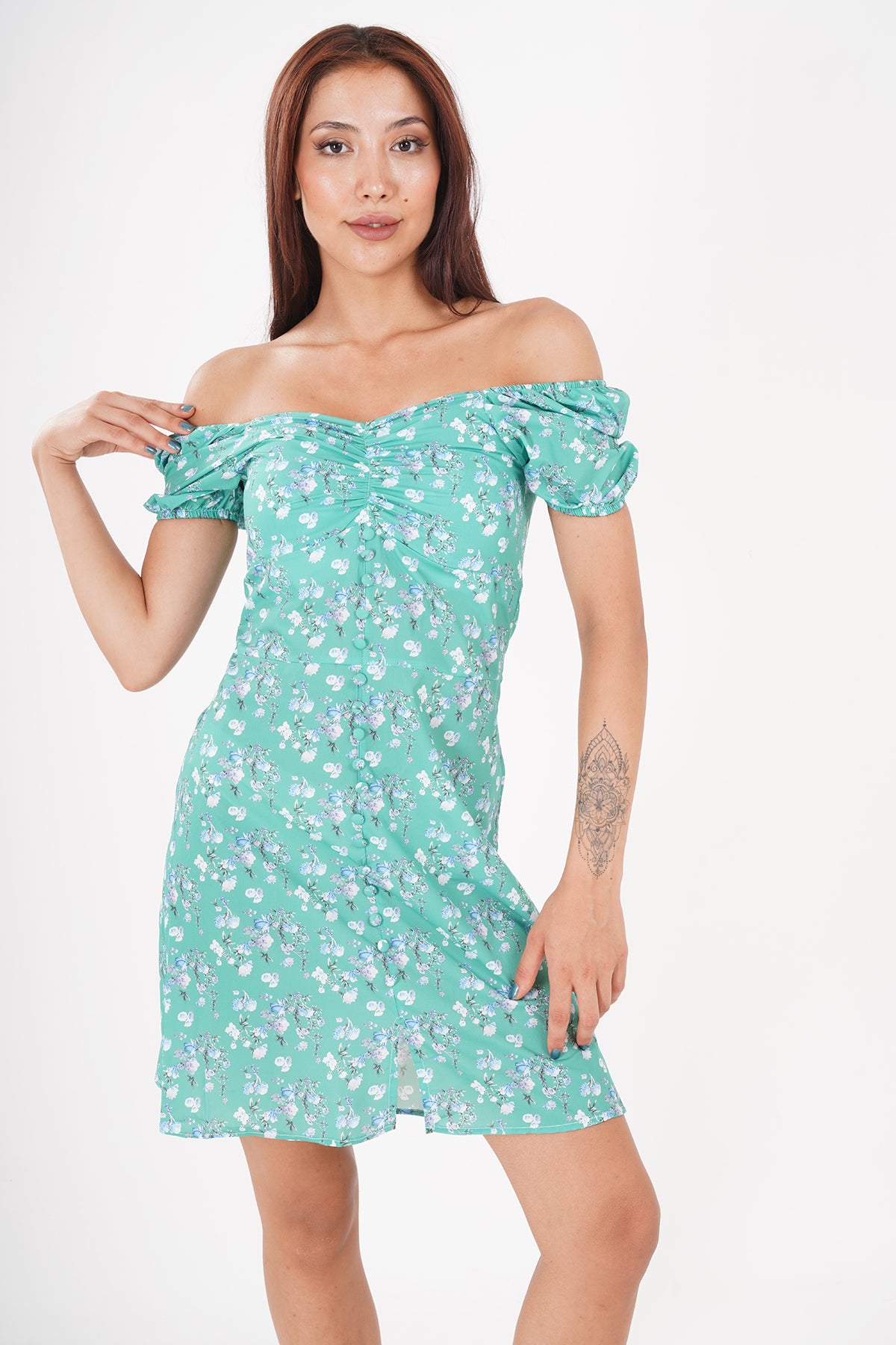 Floral Off-Shoulder Ruched Sleeve High-Low Dress