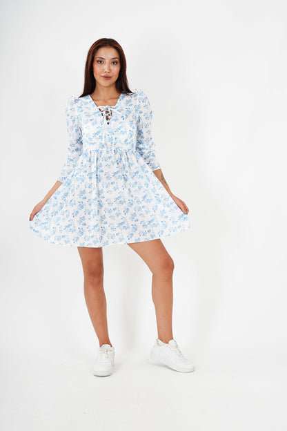 Floral Lace-Up Skater Dress - Light Blue