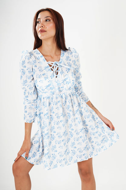 Floral Lace-Up Skater Dress - Light Blue