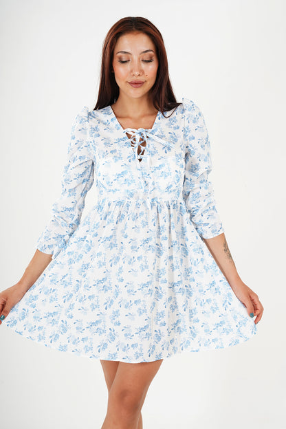 Floral Lace-Up Skater Dress - Light Blue