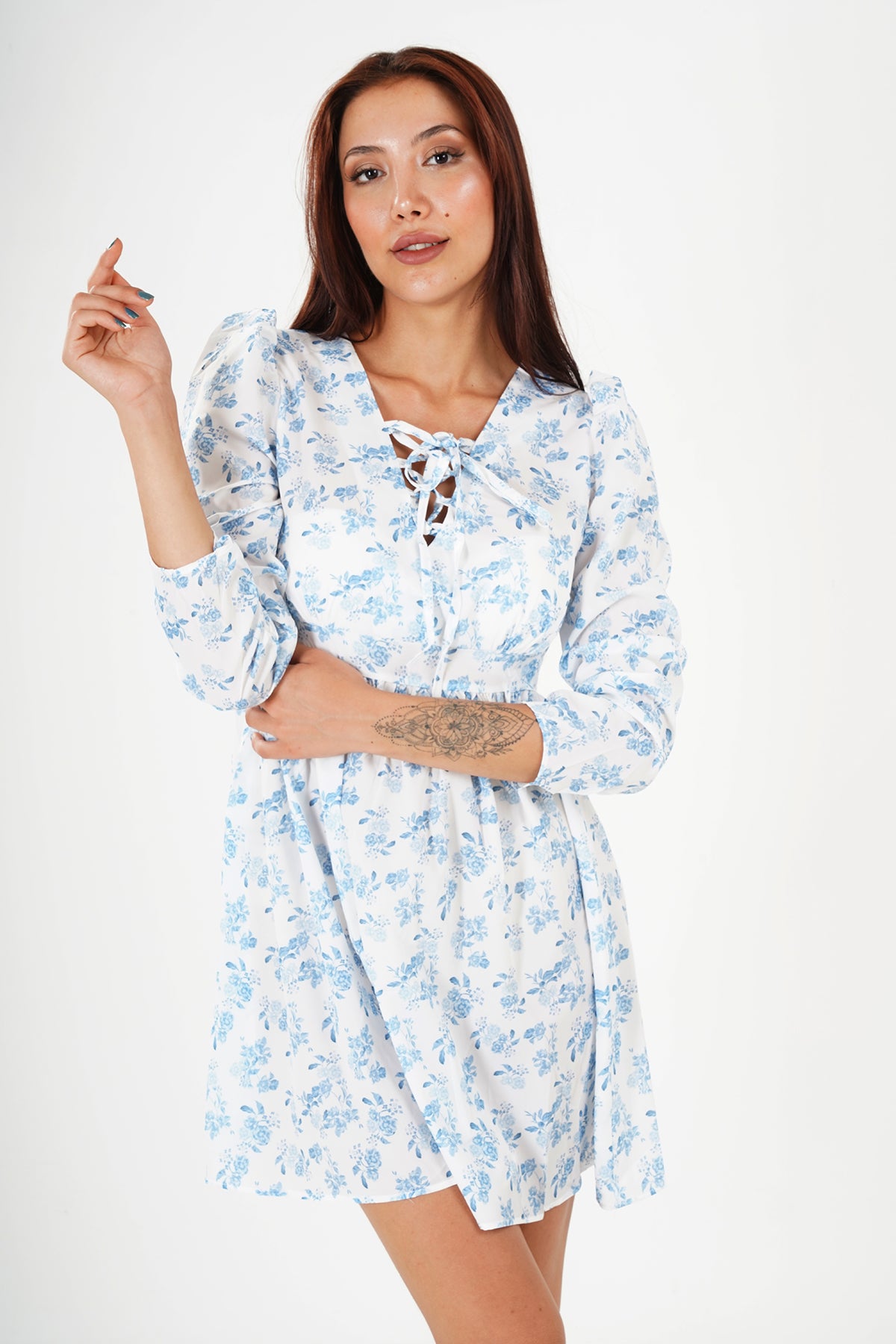 Floral Lace-Up Skater Dress - Light Blue