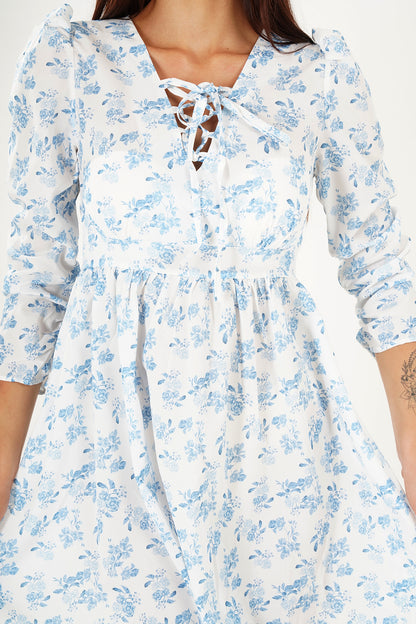 Floral Lace-Up Skater Dress - Light Blue