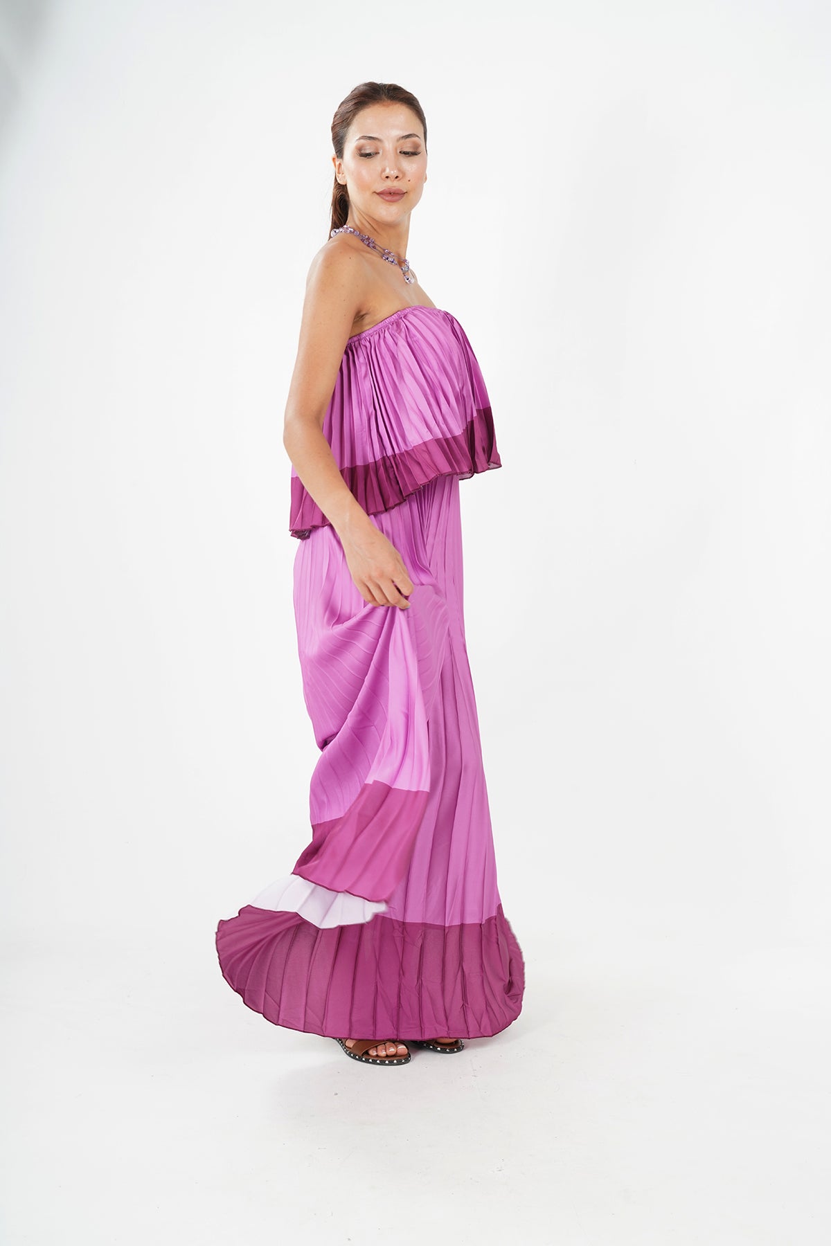 Elegant Pleated Strapless Floor-Length Evening Gown in Pink