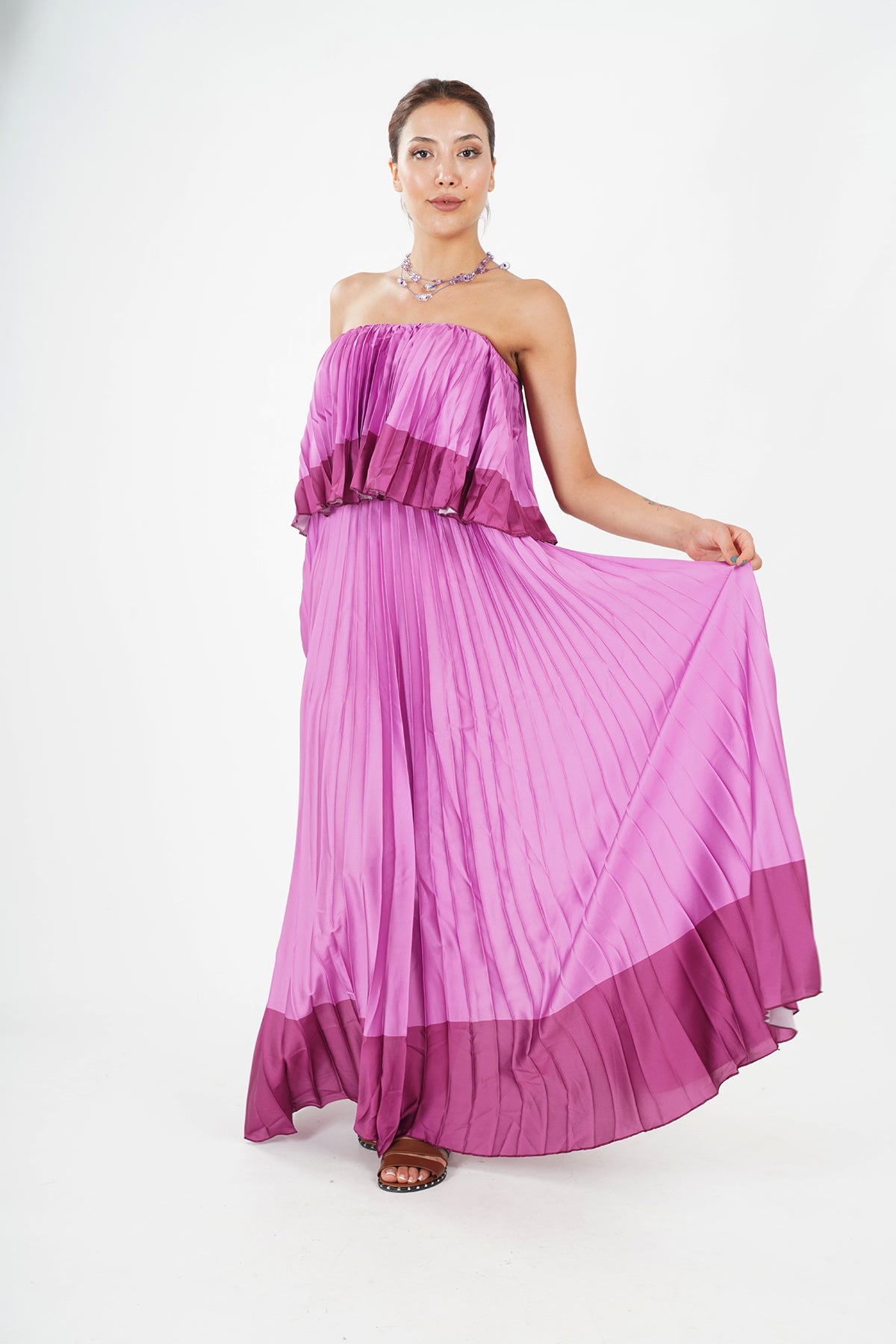 Elegant Pleated Strapless Floor-Length Evening Gown in Pink