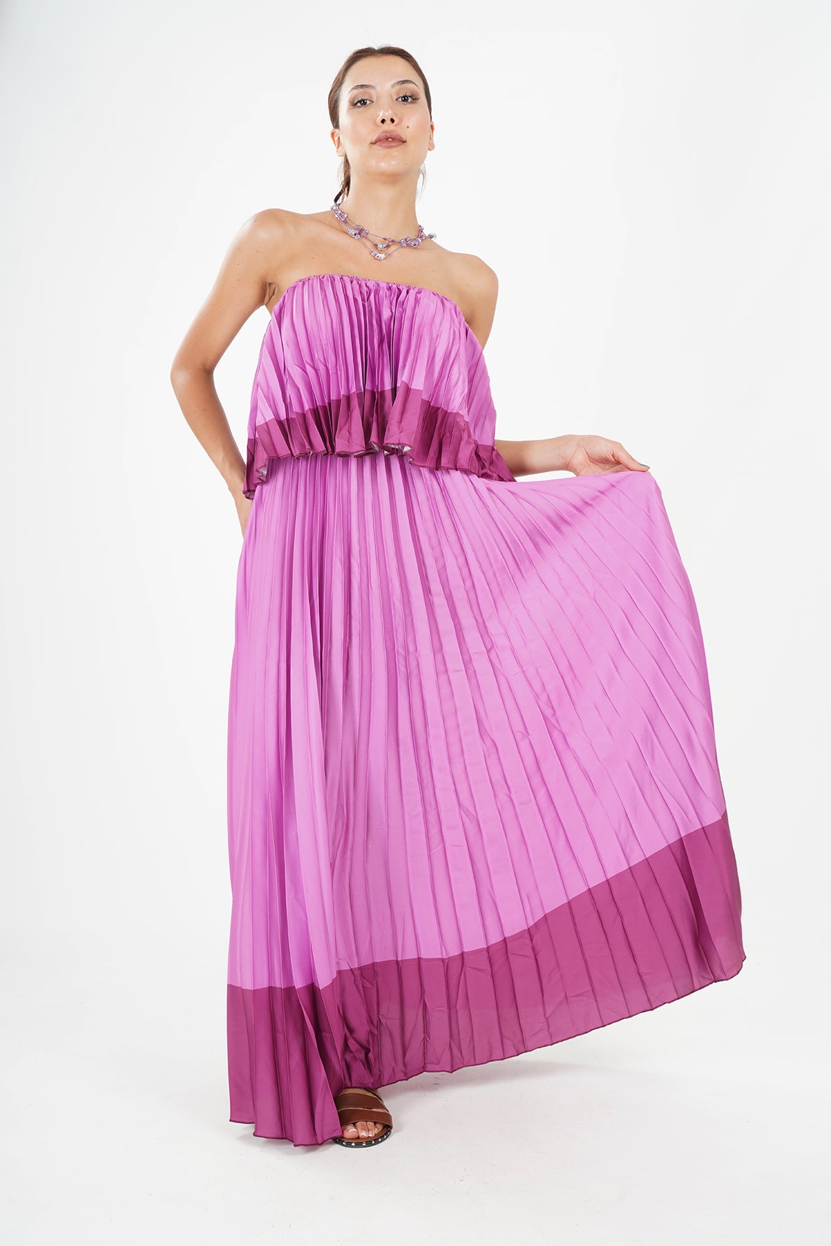 Elegant Pleated Strapless Floor-Length Evening Gown in Pink