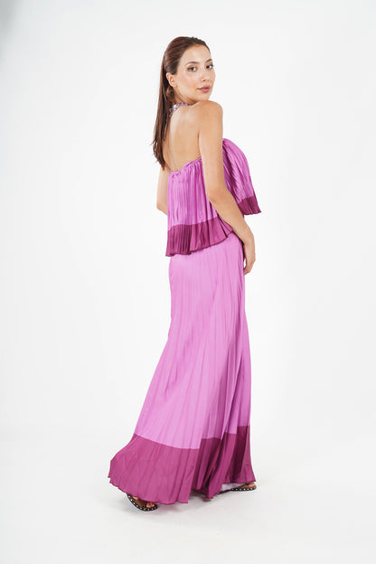 Elegant Pleated Strapless Floor-Length Evening Gown in Pink