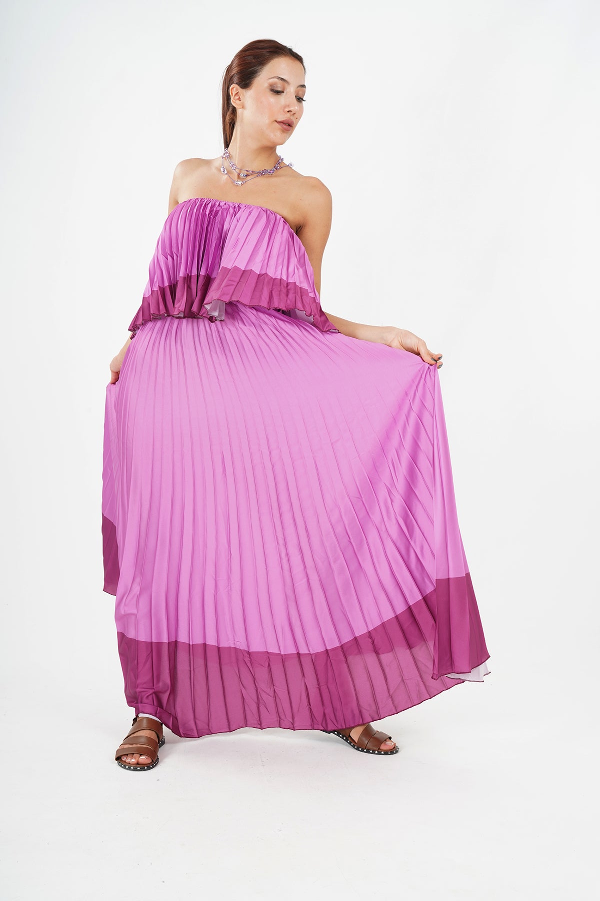 Elegant Pleated Strapless Floor-Length Evening Gown in Pink